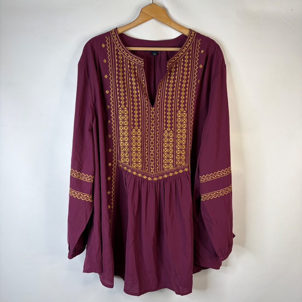 Denim 24/7 Tunic Top Women 32W Purple Embroidered Boho Long Sleeve Split Neck